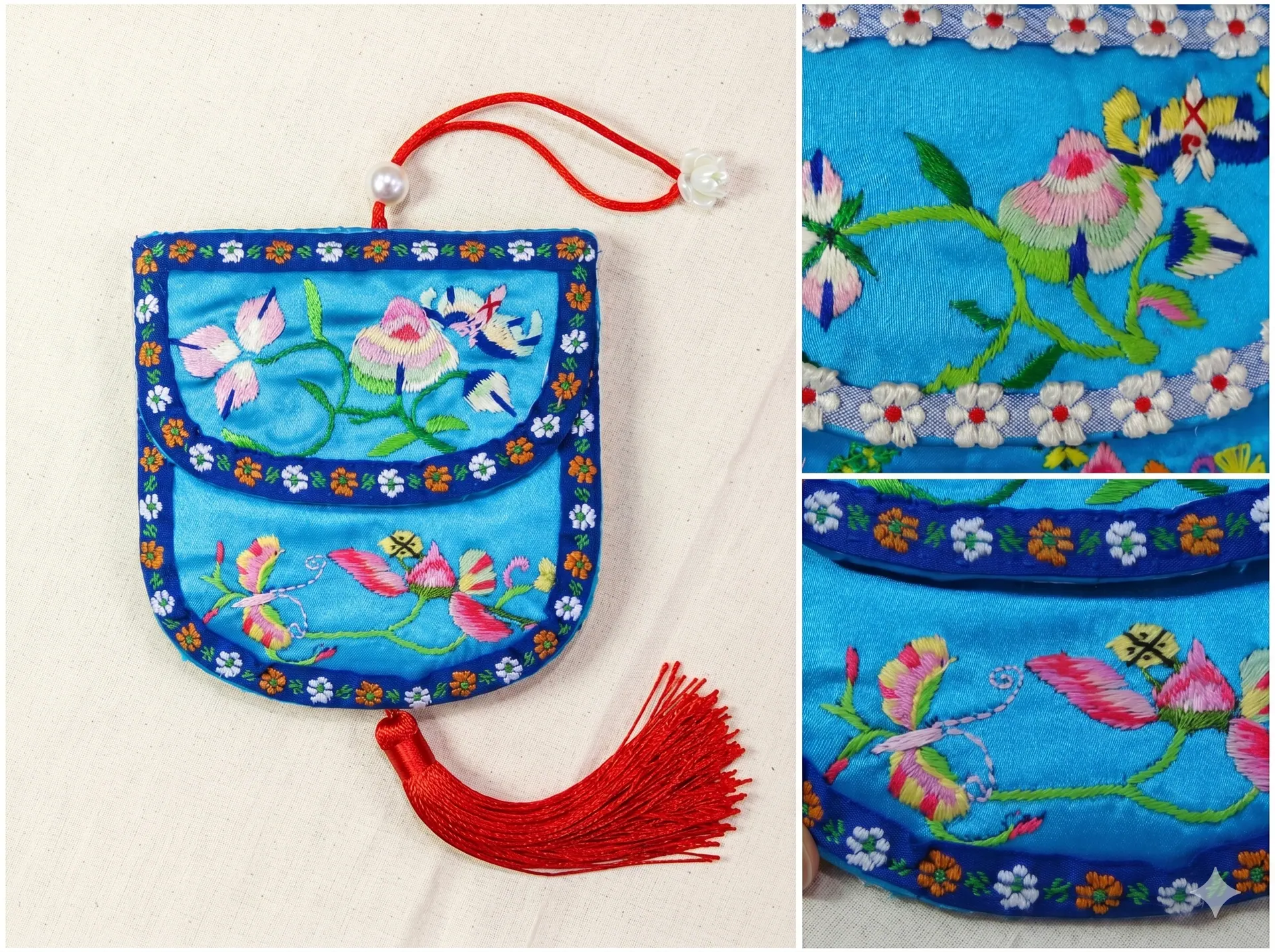 Lotus embroidery detail on a silk sachet — symbol of clarity and purity
